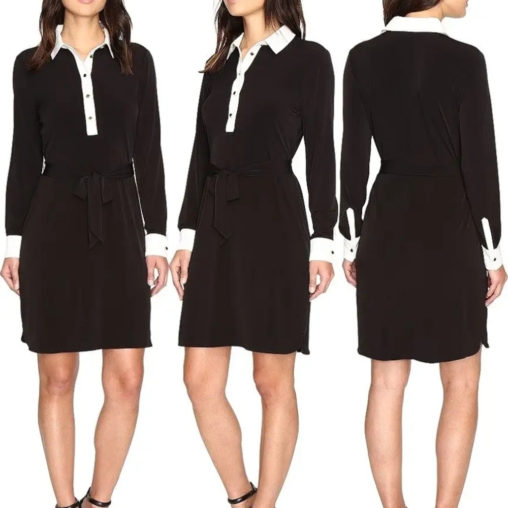Ivanka Trump Black White Matte Jersey Belted Collared Quarter-Button Mini Dress
